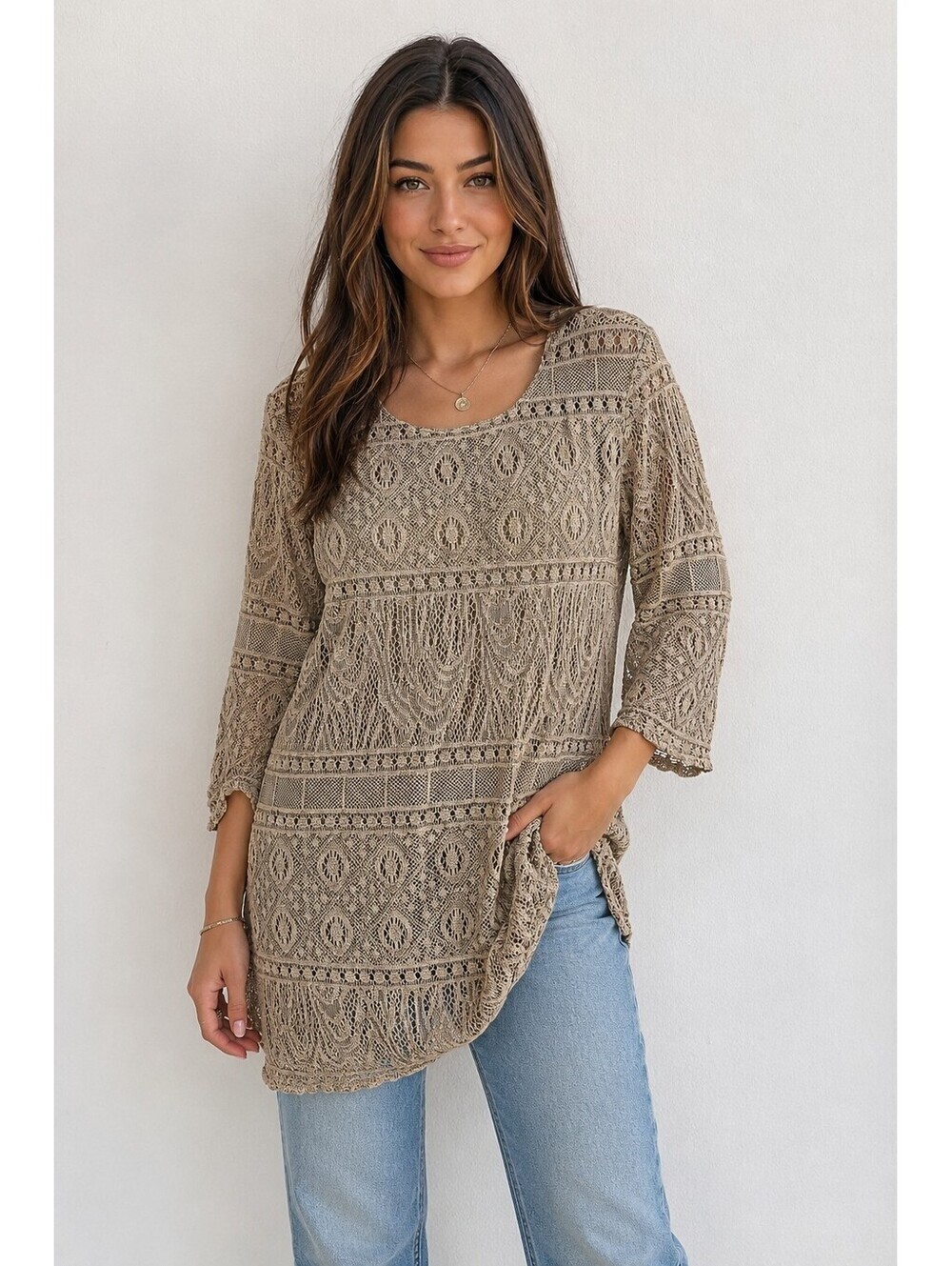 Shair Aide California Open Knit Crochet Tunic Sweater Taupe Beige Size 14 USA
